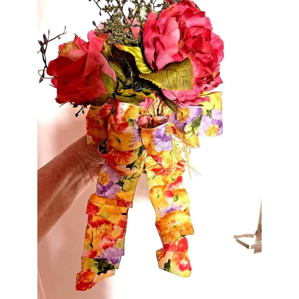 SPRING Flower BOUQUET Handmade Bow Coral Red Yellow Purple Peony Rose Zinnia